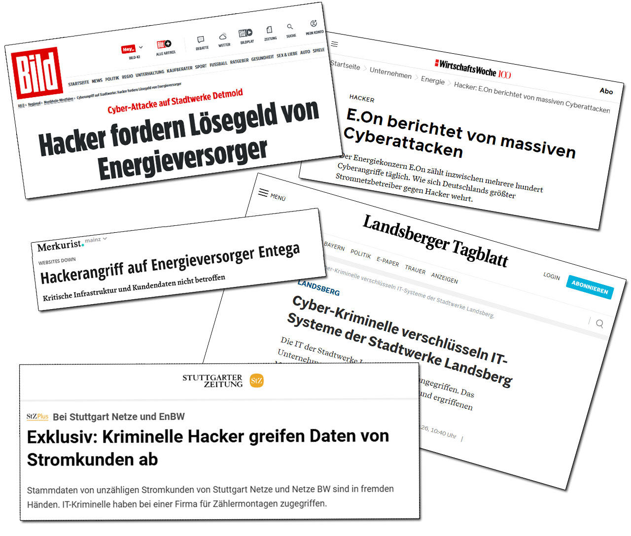 Medienberichte KRITIS Energieversorger Cyberangriffe (Screenshots: BILD.de, Wiwo.de, Merkurist.de, Landsberger Tagblatt, Stuttgarter Zeitung)