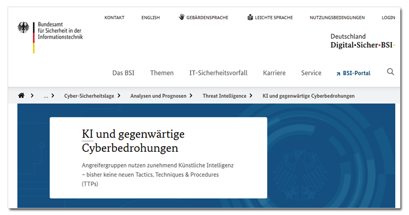 BSI zum Thema KI-Bedrohungen (Screenshot: bsi.bund.de)
