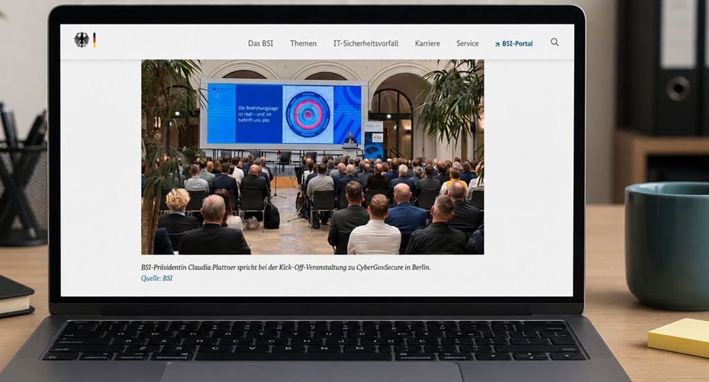 CyberGovSecure Event auf Laptop-Screen (Bild: BSI / Magnific AI)